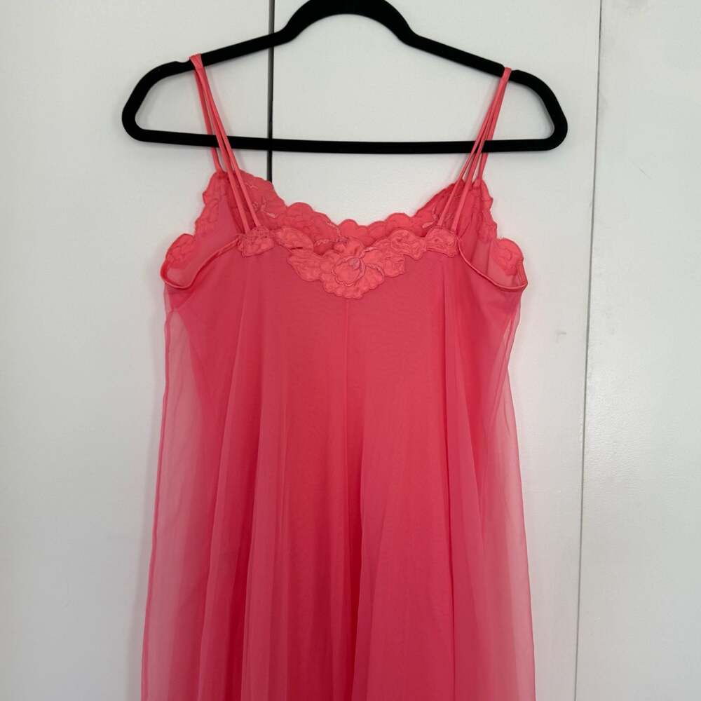 Vintage Pink Chiffon Floral Lace Trim Long Maxi Nightgown - Picture 4 of 6